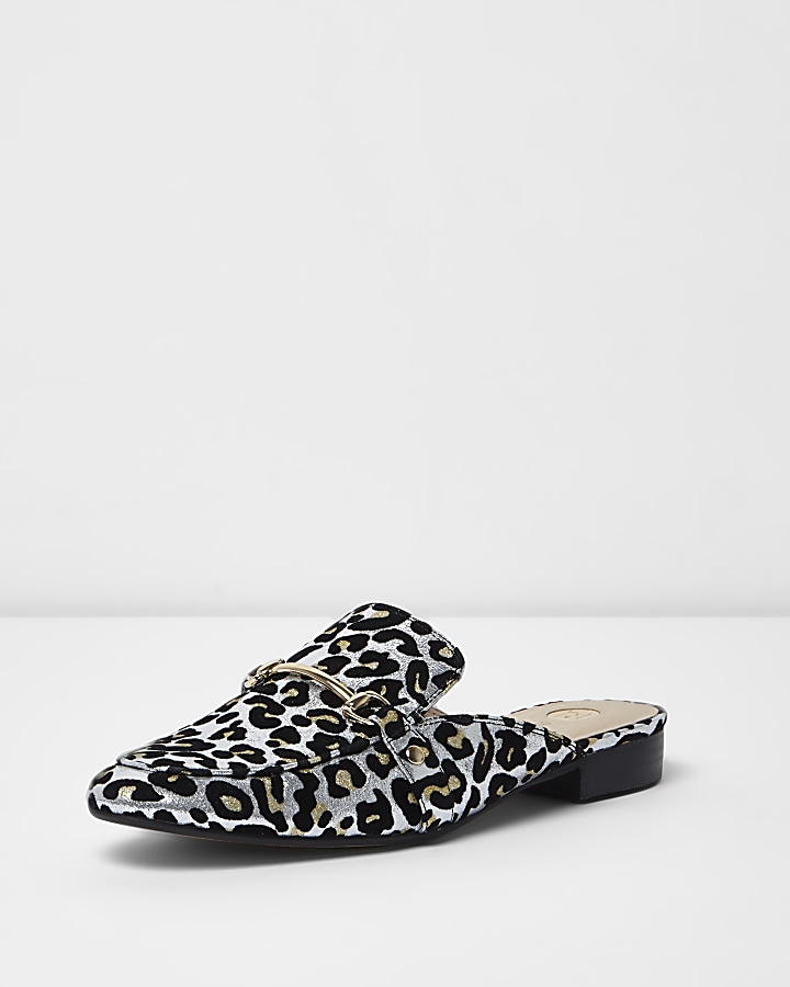Silver leopard print backless loafers