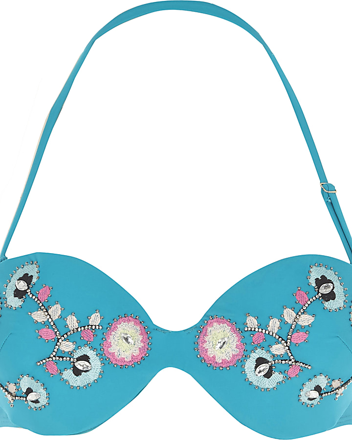 Turquoise embellished balconette bikini top