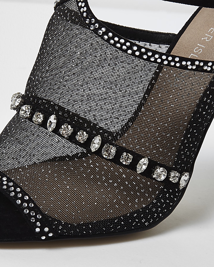 Black diamante embellished tie up sandals