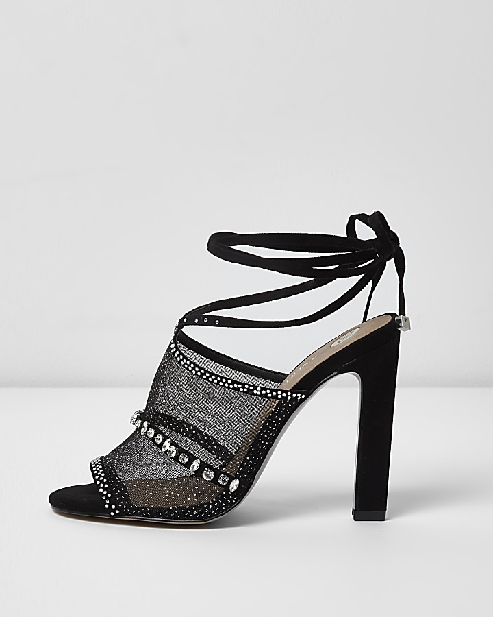 Black diamante embellished tie up sandals