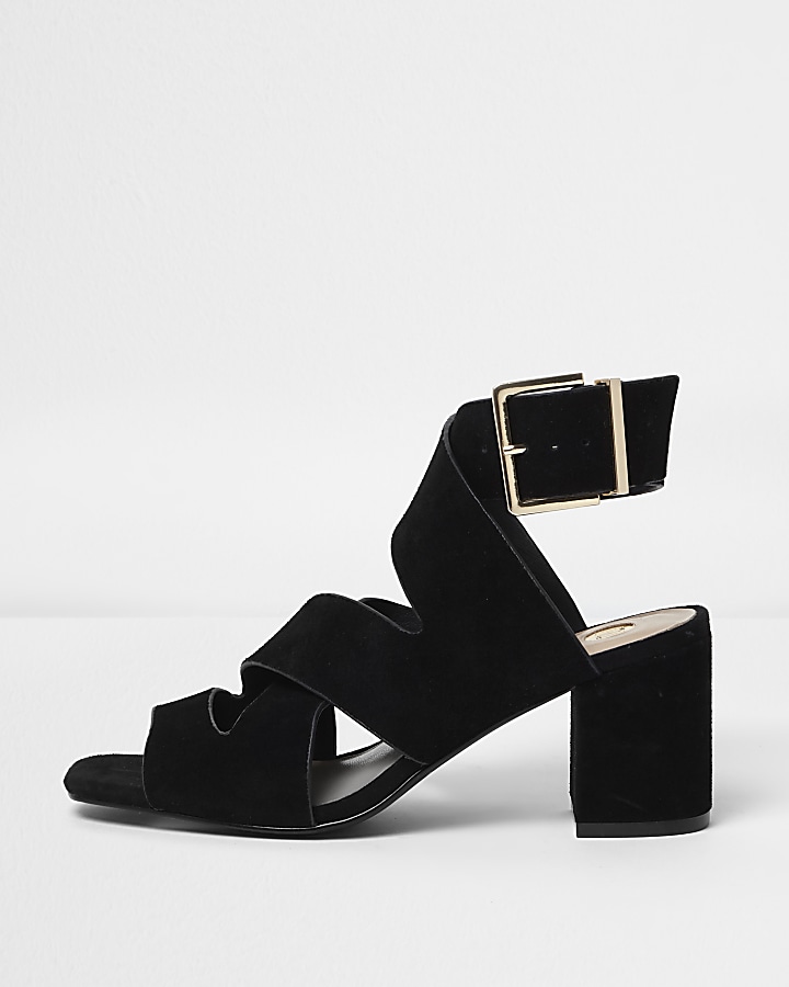 Black crossover wide fit block heel sandals