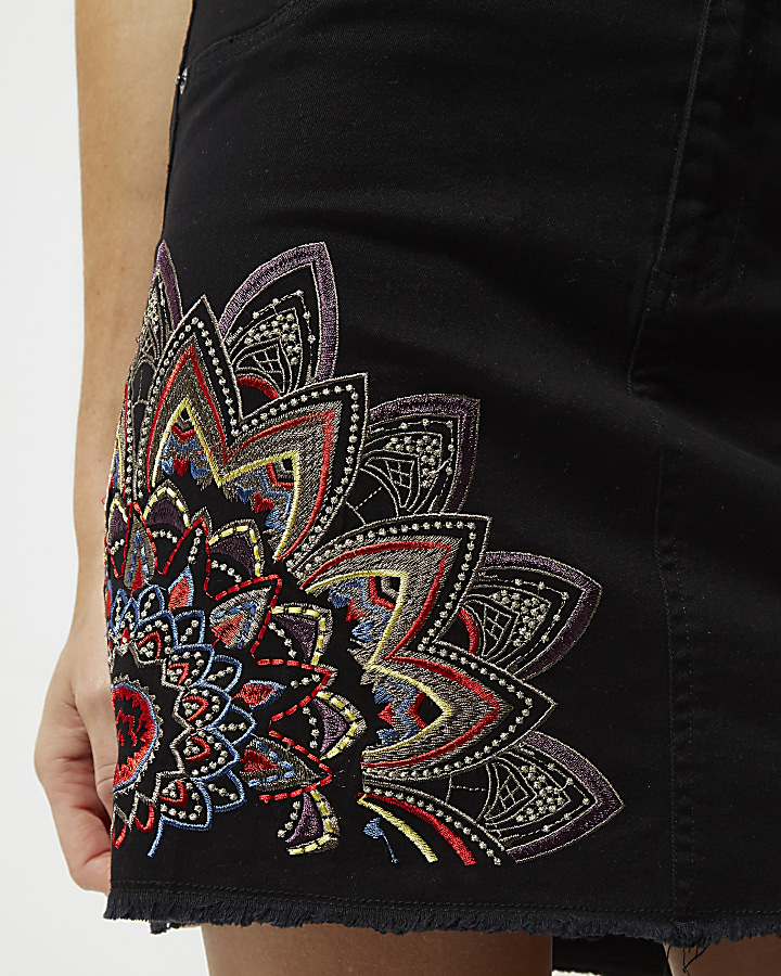 Black embroidered denim mini skirt