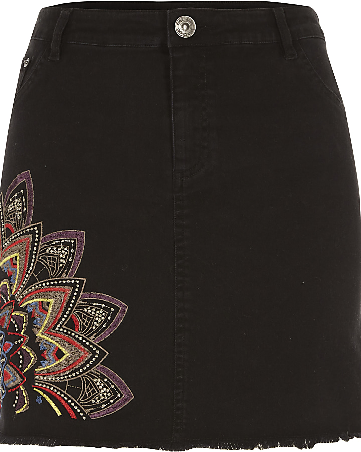 Black embroidered denim mini skirt