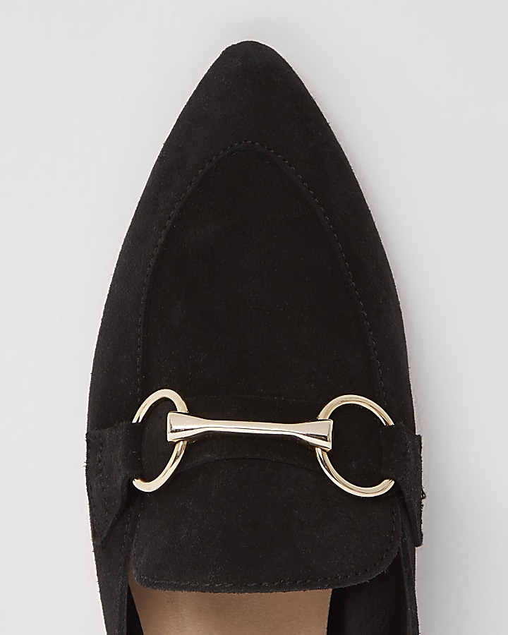 Black suede snaffle backless loafers