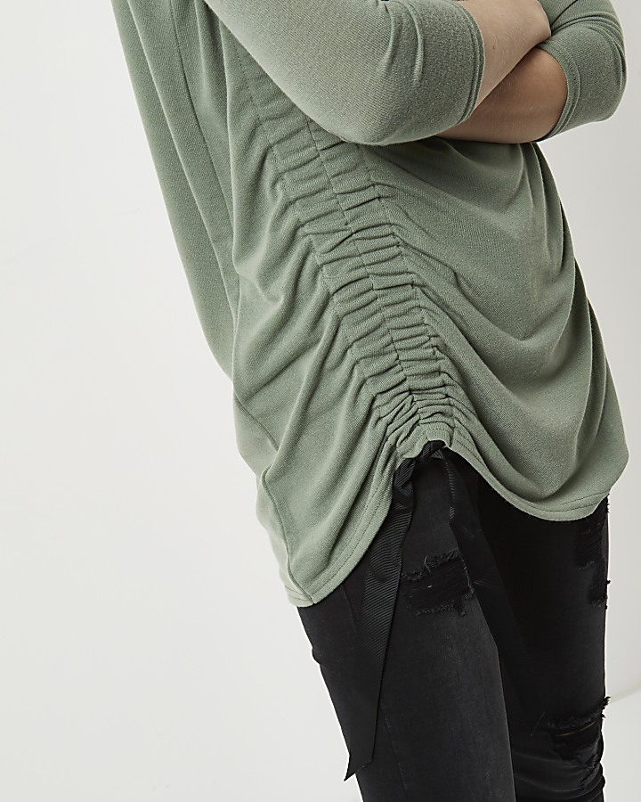 Green ruched drawstring knit top