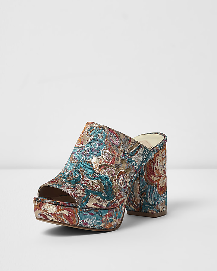 Pink and blue jacquard block heel mules