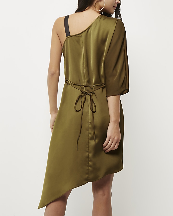 Khaki green asymmetric one shoulder dress