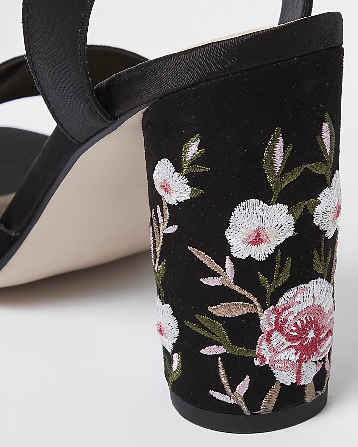Black floral embroidered block heel sandals
