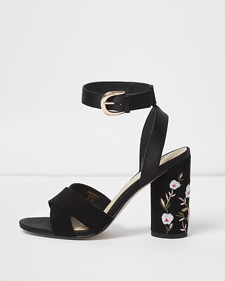 Black floral embroidered block heel sandals