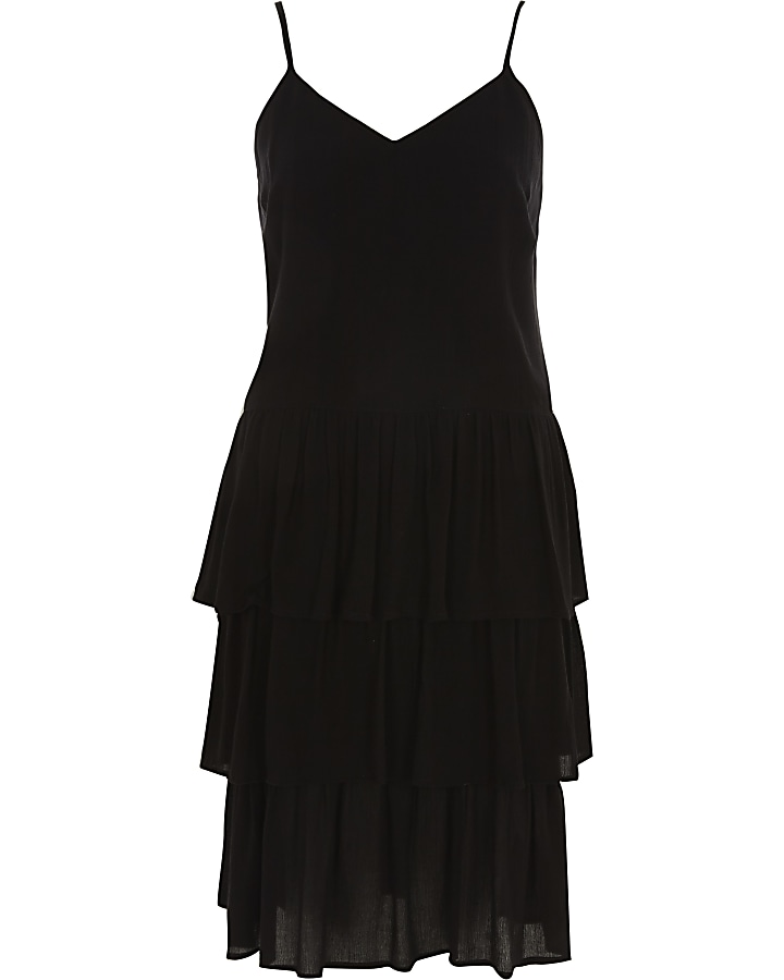 Black tiered frill midi slip dress