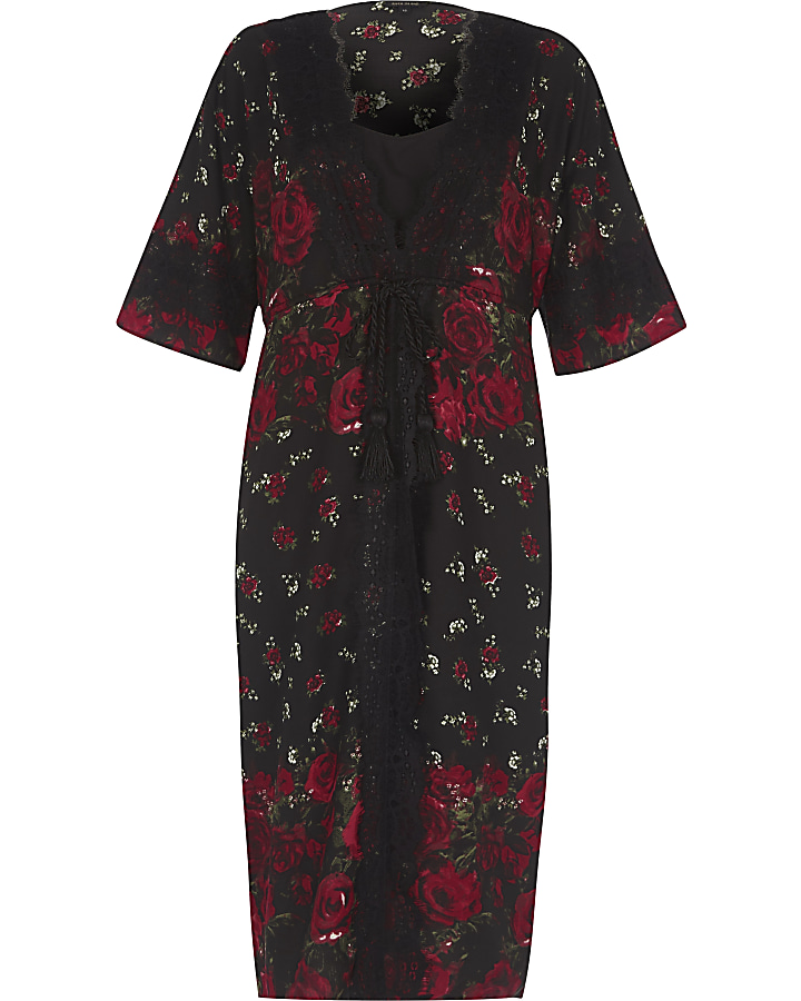 Black floral rose print layered kimono dress