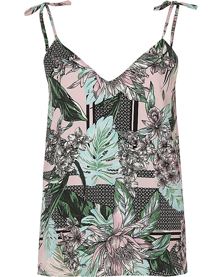 Green floral print bow shoulder cami top