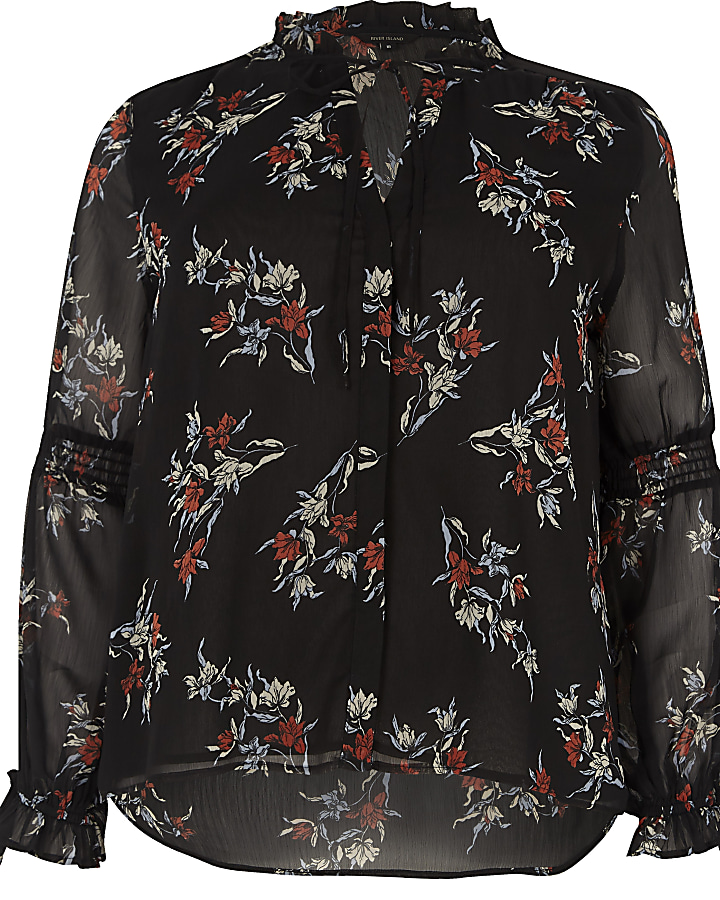 Black floral print frill long sleeve blouse