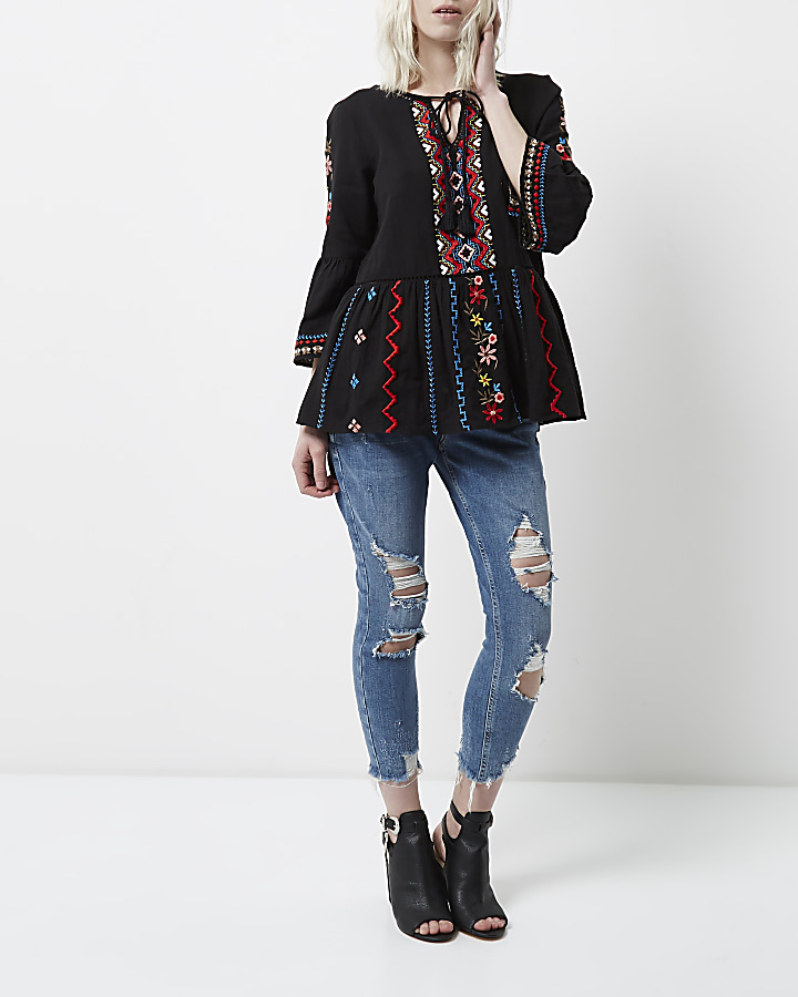 Petite black embroidered bell sleeve top