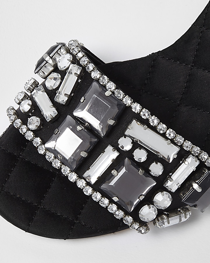 Black embellished faux fur block heel sandals