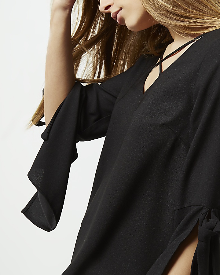Black cross front split sleeve blouse