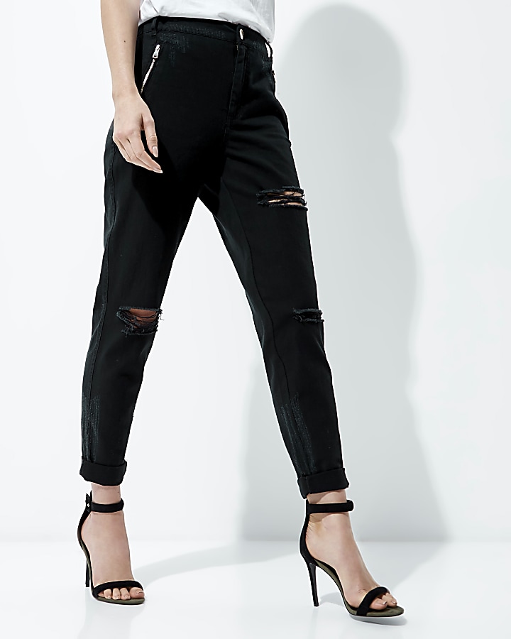 Black ripped tapered trousers