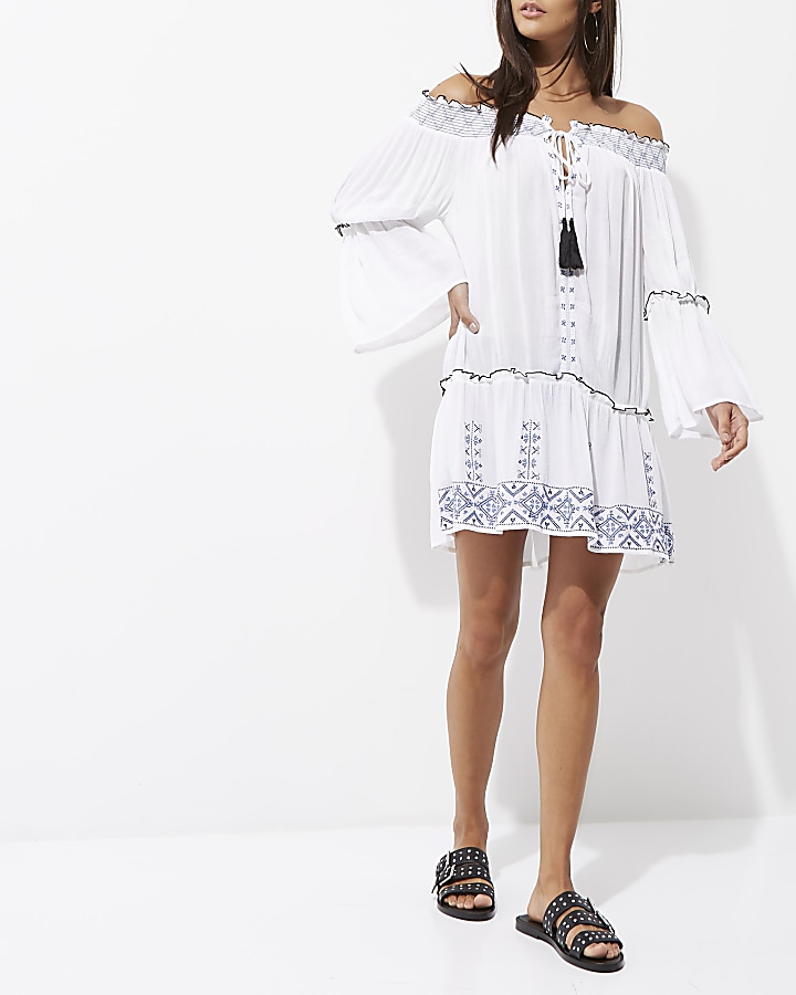 White embroidered shirred bardot beach dress
