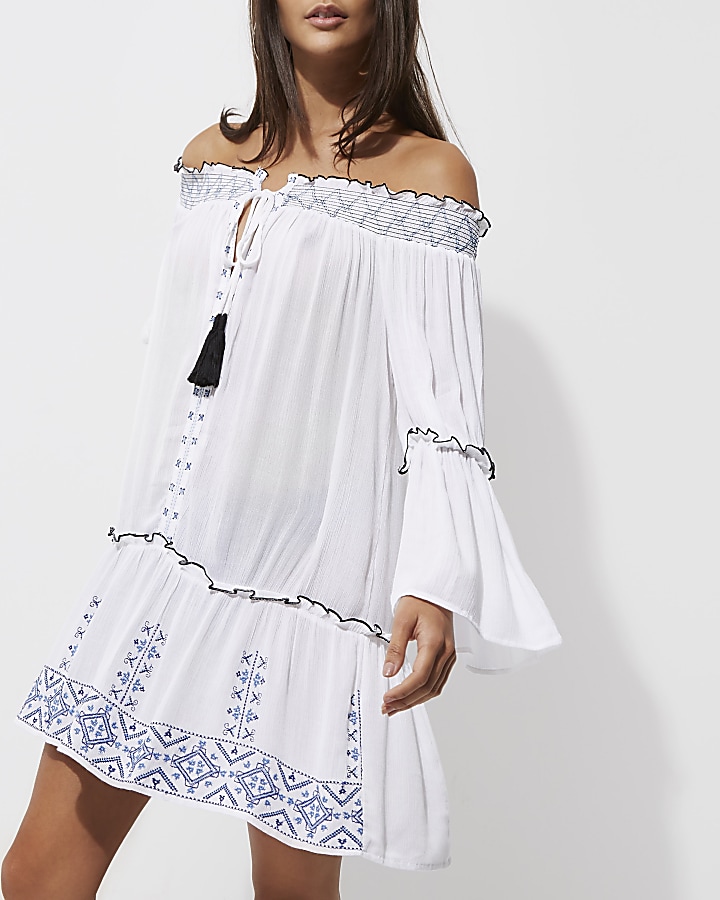 White embroidered shirred bardot beach dress