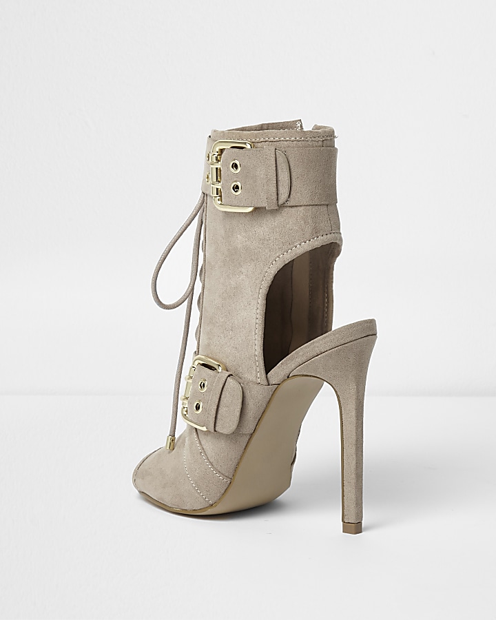Beige eyelet buckle lace-up shoe boots