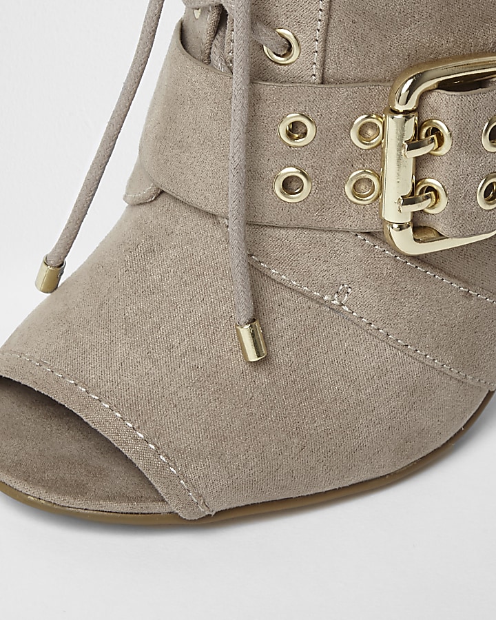 Beige eyelet buckle lace-up shoe boots