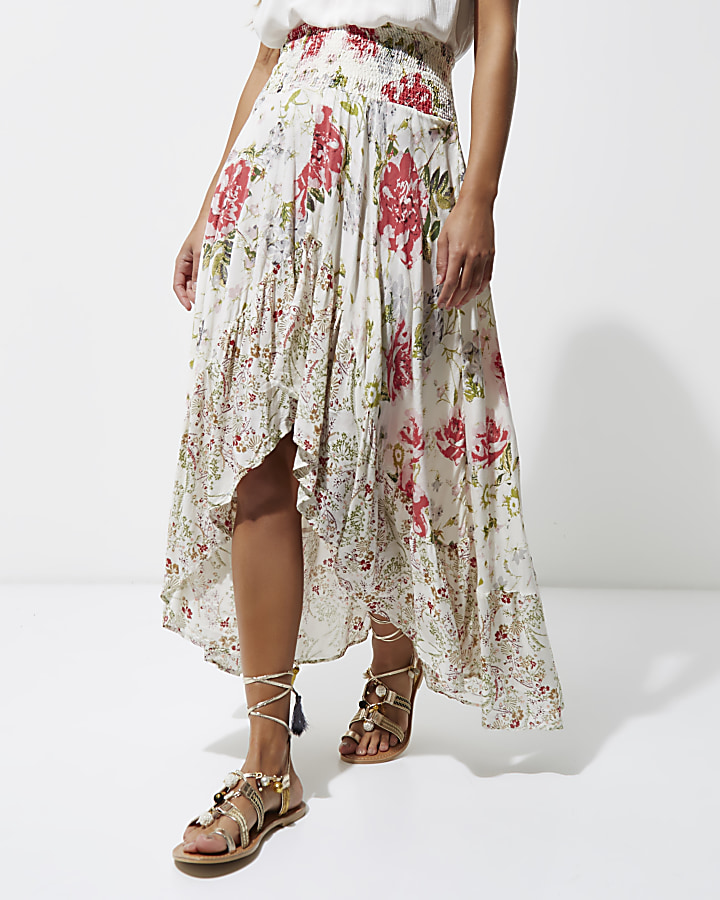 White floral print sequin maxi high-low skirt