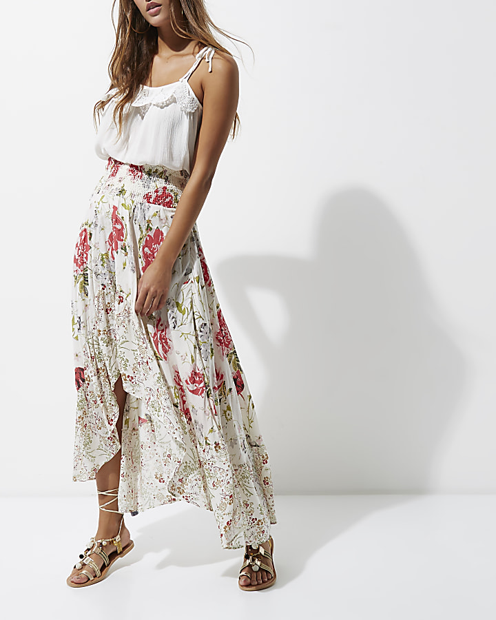 White floral print sequin maxi high-low skirt