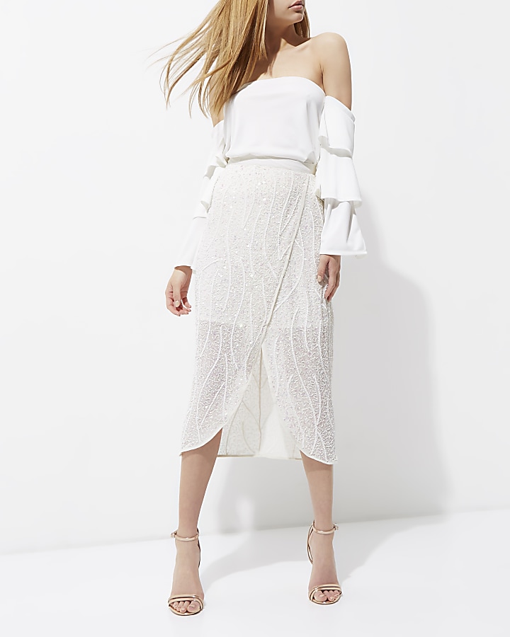 White embellished wrap skirt
