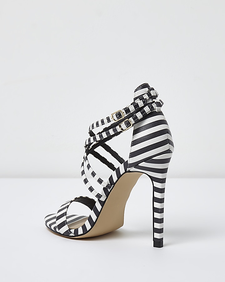 Black and white stripe print caged sandals