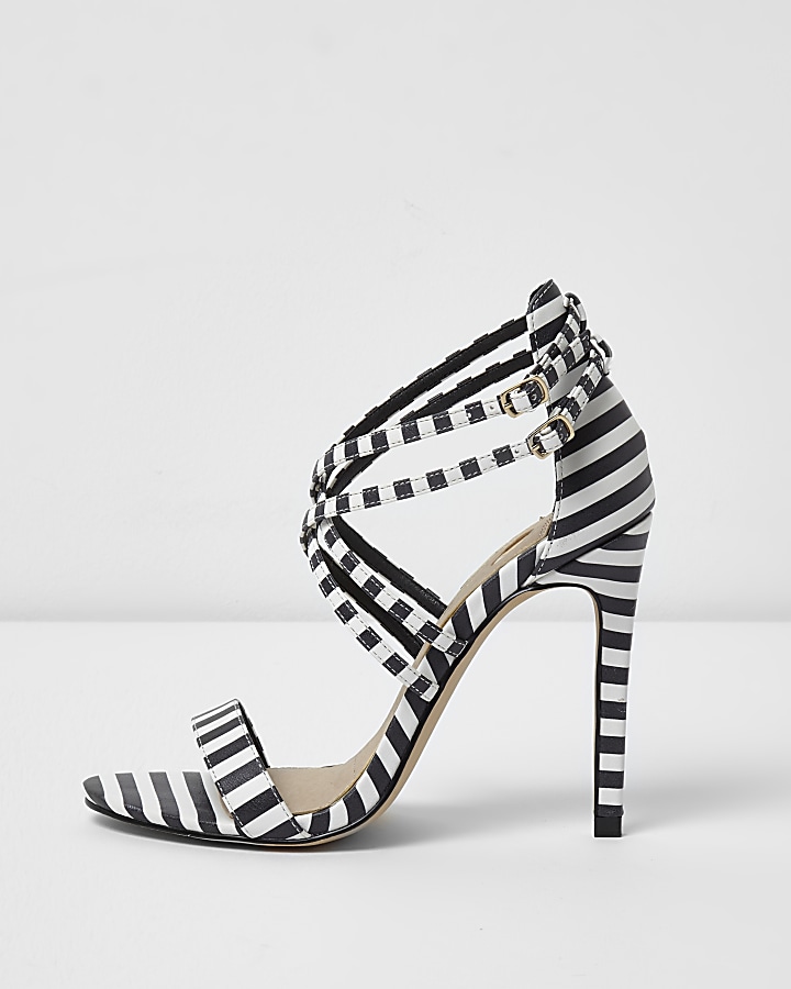 Black and white stripe print caged sandals