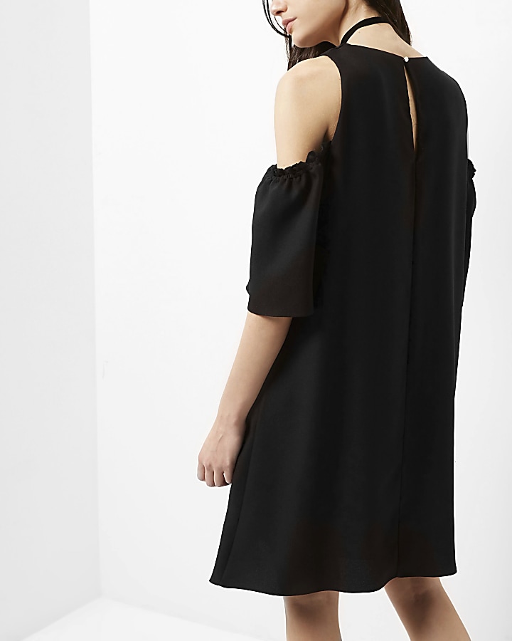 Black cold shoulder swing dress
