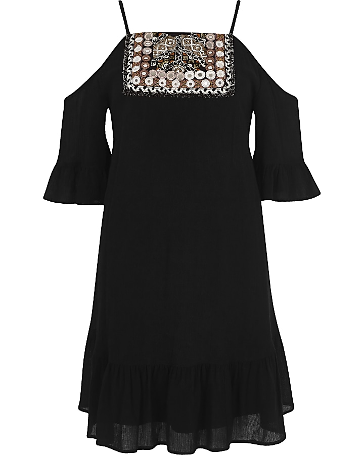 Black embroidered cold shoulder swing dress