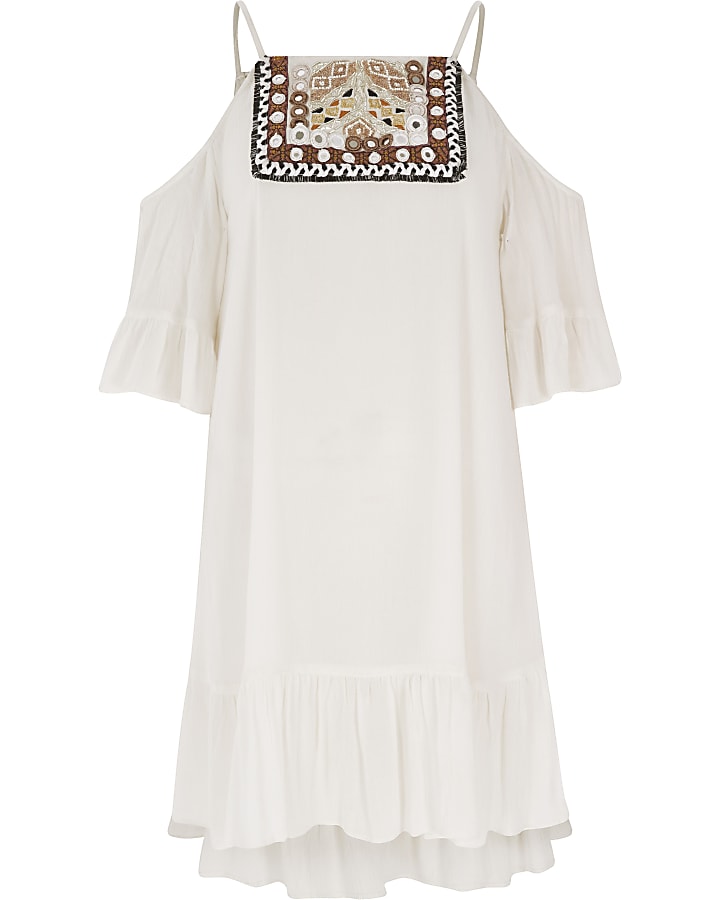 Cream embroidered cold shoulder swing dress