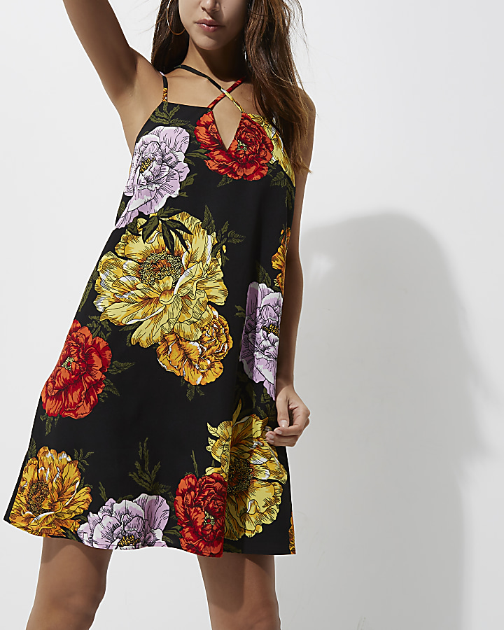 Black floral print cross strap slip dress