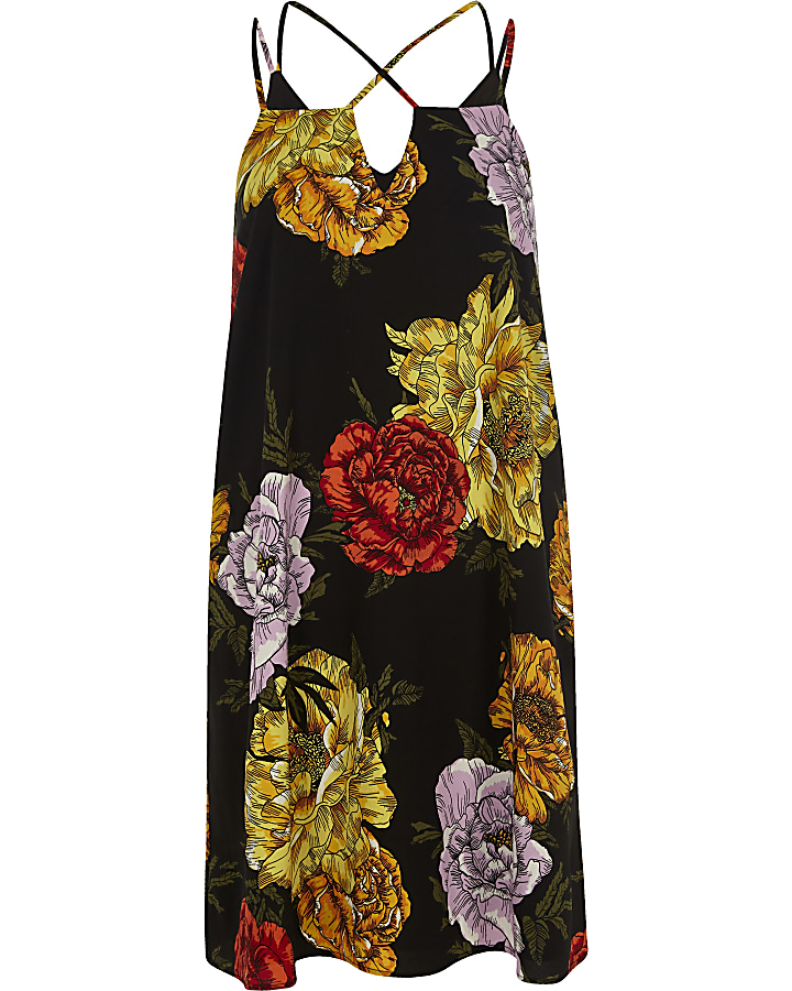 Black floral print cross strap slip dress