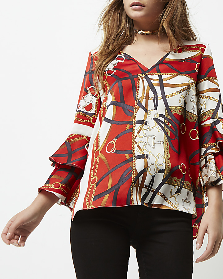 Red scarf print double bell sleeve top