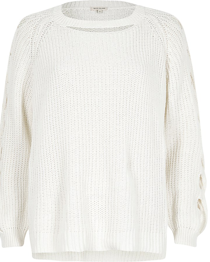 White ribbed knit cut out jumper