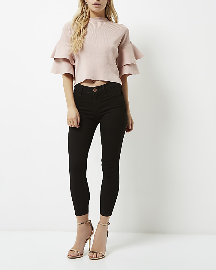 Petite pink knit double frill sleeve top