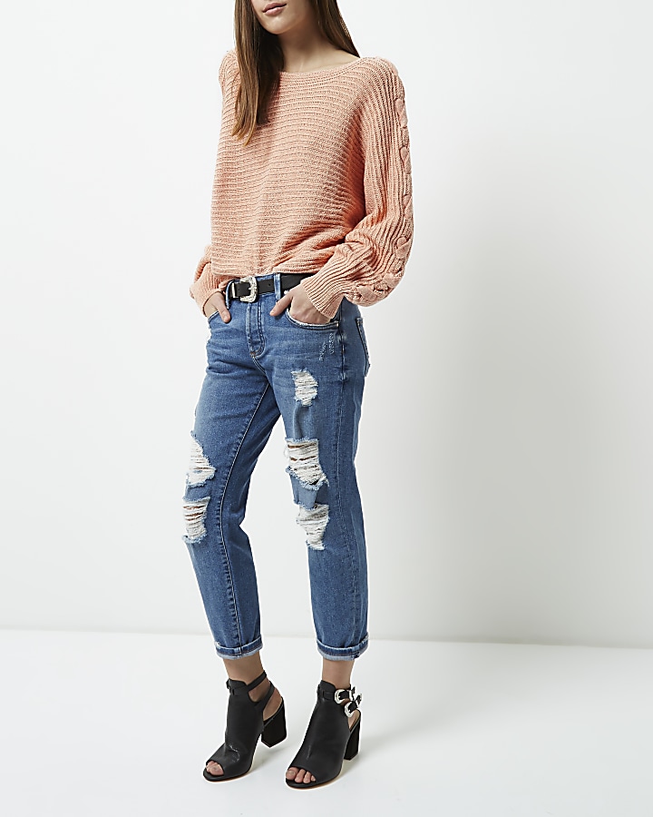 Petite coral ribbed knit cross sleeve jumper