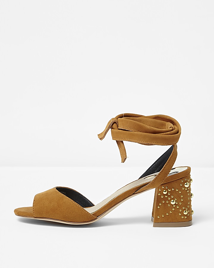 Light brown tie up embellished heel sandals