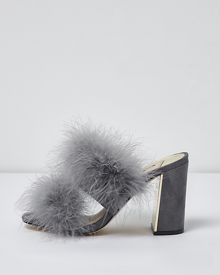Grey faux fur block heel mules
