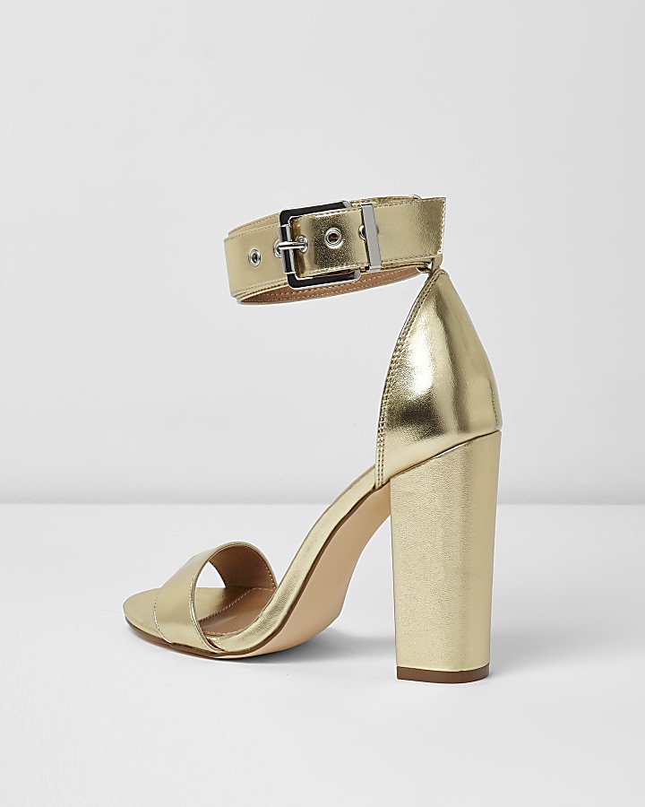 Gold metallic buckle block heel sandals