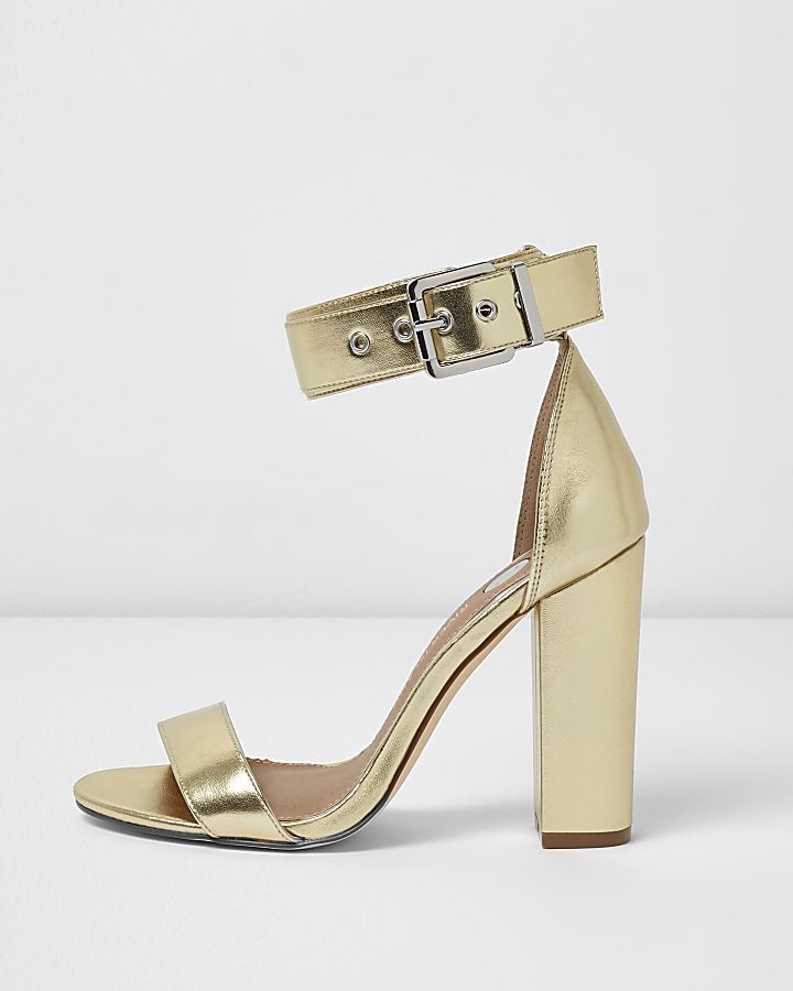 Gold metallic buckle block heel sandals