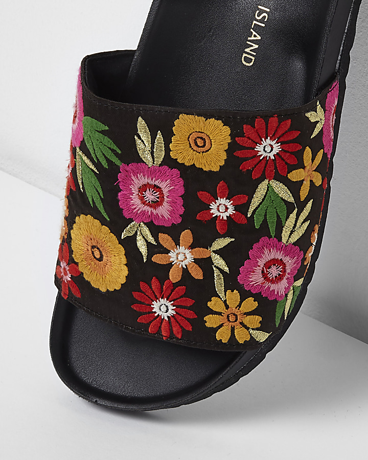 Black floral embroidered sliders