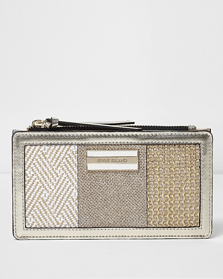 Gold woven panel slim foldout purse