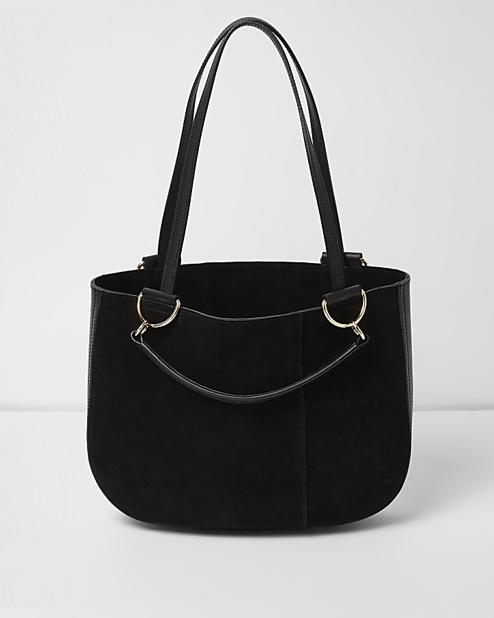 Black leather curved base tote bag