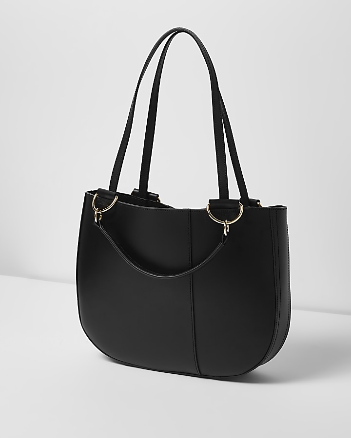 Black leather curved base tote bag