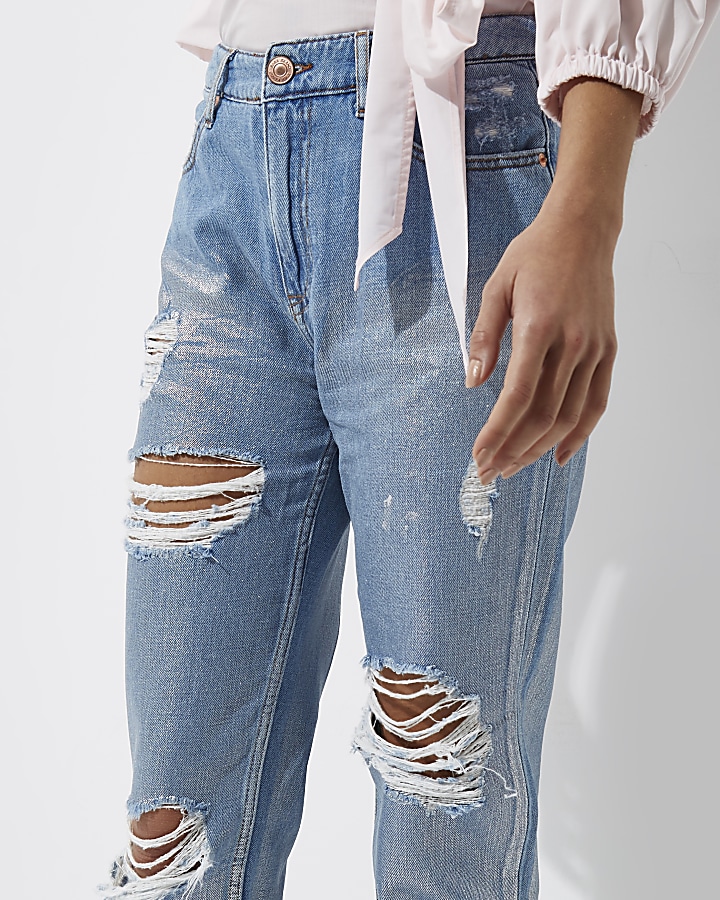 Mid blue metallic ripped Mom jeans