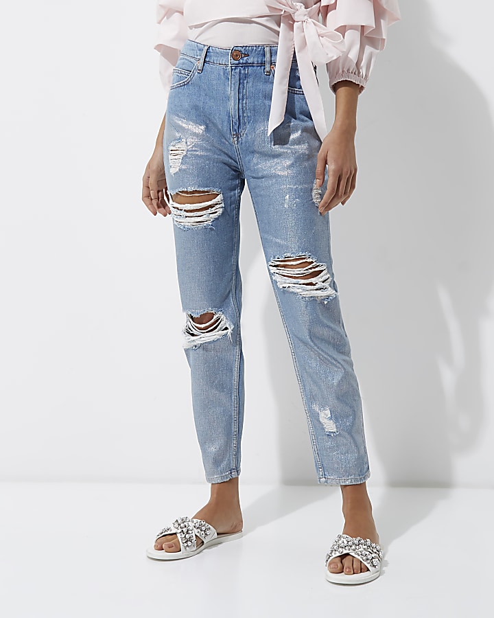Mid blue metallic ripped Mom jeans
