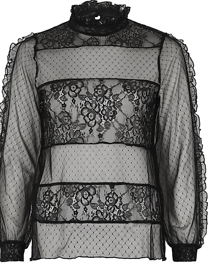 Black lace and dobby mesh panel top